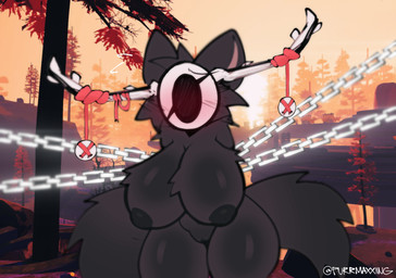 anthro antlers big_breasts blush blush_lines bodily_fluids breasts chain embarrassed female fluffy fluffy_chest fluffy_tail genitals hands_behind_back horn mask mask_only nude nude_female restrained restrained_arms rope solo stuck sweat sweatdrop tail thick_thighs vulva wearing_mask worried purrmaxxing risk_of_rain grovetender monster hi_res