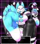 5_toes anthro bodily_fluids breasts clothing feet female fingers foot_fetish foot_focus footwear holding_object humanoid_feet machine musk plantigrade smelly smelly_feet soles solo sweat text toes saaxon deltarune undertale_(series) tasque_manager felid feline mammal robot 2021 absurd_res digital_media_(artwork) english_text hi_res