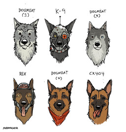 ambiguous_gender black_body black_fur black_nose blue_eyes brain_dome brown_body brown_eyes brown_fur cybernetics feral fur grey_body grey_fur group heterochromia looking_forward machine metal mouth_closed open_mouth simple_background tan_body tan_fur text tongue tongue_out white_background fordowner fallout microsoft cx404_(fallout) dogmeat k-9_(fallout) rex_(fallout) canid canine canis cyberdog_(fallout) domestic_dog german_shepherd herding_dog mammal pastoral_dog artist_name english_text headshot_portrait hi_res portrait