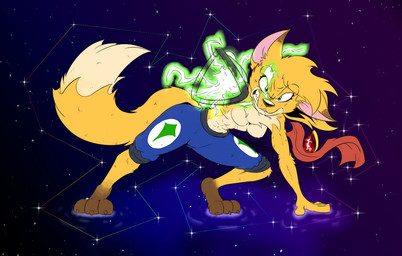 3_toes amputee angry anthro arm_cannon barefoot black_nose blonde_hair bottomwear breasts chest_tuft claws clothed clothing dipstick_tail disability featureless_breasts feet female fur hair markings missing_arm multicolored_tail ranged_weapon shorts solo tail tail_markings toes topless tuft weapon weapon_arm yellow_body yellow_fur chaokocartoons starwarriors ezmeralda canid canine fox mammal