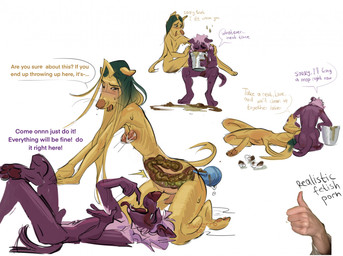 anthro asking_another blonde_hair blush bucket claws color_coded_text container dialogue duo ellipsis enema eyes_closed feces feces_on_ground finger_claws fur genitals gesture green_hair hair hand_gesture holding_bucket holding_container holding_object imminent_pooping kneeling long_hair lying male male/male on_back on_side open_mouth pawpads penis pointing pointing_at_mouth pointing_at_own_mouth pointing_at_self purple_body purple_fur scatplay sharp_teeth simple_background sitting speech_bubble tail tail_motion tailwag talking_to_another teeth text thumbs_up tongue tongue_out vomiting white_background x-ray_view yellow_body yellow_fur swerro canid canine canis domestic_dog greyhound hunting_dog mammal sighthound 2024 artist_name english_text hi_res