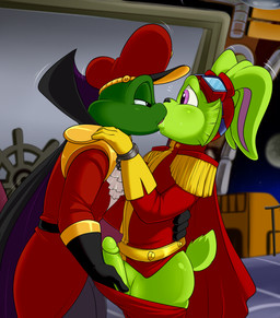 anthro anthro_on_anthro biped black_eyes clothing duo eye_contact eyewear fondling french_kissing genitals glans goggles green_body green_glans green_penis hat headgear headwear kissing looking_at_another male male/male penis purple_eyes lonbluewolf bucky_o'hare_(series) bucky_o'hare captain_smada amphibian frog hare lagomorph leporid mammal toad_(frog) 2024 digital_media_(artwork) hi_res