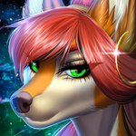 ear_piercing eyebrows eyelashes fur green_eyes grey_nose hair looking_at_viewer multicolored_body multicolored_fur piercing red_hair solo teeth translucent translucent_hair amur canid canine fox mammal 1:1 2021 digital_media_(artwork) hi_res