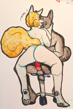 anthro balls barefoot black_tongue blonde_hair brown_body brown_fur butt chair duo ears_up eyebrows eyewear face_lick feet female fur furniture genitals glasses hair licking looking_at_another looking_at_partner looking_pleasured male male/female nude on_chair penetration penile penile_penetration penis penis_in_vagina sex sitting sitting_on_chair smile smiling_at_another smiling_at_partner tail tongue tongue_out vaginal vaginal_penetration vulva wearing_glasses white_body white_fur yellow_body yellow_fur wffl_(artist) maria_(wffl) max_damage_(furry) canid canine canis domestic_dog mammal absurd_res hi_res