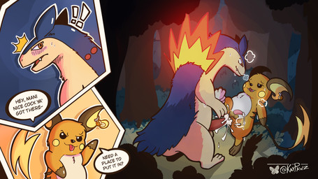 anal animal_genitalia anthro blush bodily_fluids cum cum_in_ass cum_inside duo feral genital_fluids genitals inviting_to_sex looking_at_another looking_pleasured male male/male musk surprised sweat kaypawz nintendo pokemon chai_(kaypawz) generation_1_pokemon generation_2_pokemon pokemon_(species) raichu typhlosion 16:9 absurd_res comic hi_res widescreen
