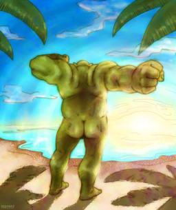 beach butt cloud detailed_background humanoid_pointy_ears light male muscular muscular_humanoid muscular_male not_furry outside palm_tree plant pointy_ears sand seaside shadow sky slightly_chubby solo sun tree captaingerbear humanoid orc lighting