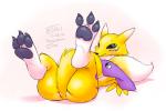 3_toes black_sclera blue_eyes blush butt claws convenient_censorship cute digimon digitigrade drjavi female foot_focus hindpaw legs_up looking_at_viewer lying nude on_back paws plain_background renamon shy soles solo tail_grab toes white_background
Rating: Questionable
Score: 11
User: ROTHY
Date: March 03, 2014