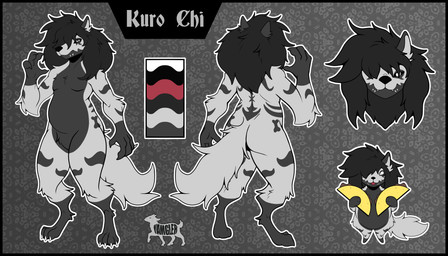 anthro belly black_hair bone chibi featureless_crotch front_view fur grey_body hair male markings rear_view simple_background slightly_chubby smile solo striped_body striped_markings stripes tacos tail white_eyes yamgler canid canine canis mammal wolf 7:4 absurd_res full-length_portrait headshot_portrait hi_res model_sheet portrait