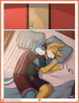 5_fingers anthro bed bedding bird_dog blanket canid canine canis clothed clothing comic countershading daniel_segja domestic_dog door duo english_text fingers freckled_face freckles fur furniture golden_retriever hunting_dog joel_mustard love lying male male/male mammal on_side patreon patreon_logo pillow retriever romantic romantic_couple sleeping spooning text url website_logo wolf zeta-haru