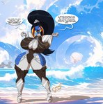 anthro armor beach big_breasts black_hair boots breasts chain cheek_spots clothing female footwear gauntlets gloves greaves hair handwear highlights_(coloring) huge_breasts leather legwear leotard metal pauldron ponytail seaside shoes solo spiral_waves text thigh_boots thigh_highs wave weather weird_weather mastergodai grimm_(famwammer) avian bird emperor_penguin penguin 2023 english_text