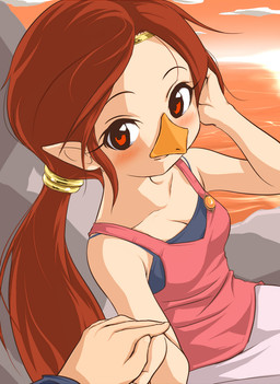 accessory ambiguous_gender ambiguous_pov beak blush breasts brown_eyes brown_hair cleavage clothed clothing disembodied_hand duo female female/ambiguous first_person_view hair hand_holding headband humanoid_pointy_ears long_hair looking_at_viewer nose_beak orange_beak pointy_ears ponytail romantic romantic_ambiance romantic_couple solo_focus sunset 3u nintendo the_legend_of_zelda wind_waker medli animal_humanoid avian avian_humanoid humanoid rito rito_humanoid hi_res