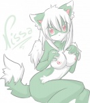 anthro biped breasts feathered_wings feathers female fur green_body green_fur hair hand_on_breast nipples red_eyes simple_background sitting solo tail text white_background white_body white_fur white_hair wings bodel nissa canid canine fox mammal hi_res