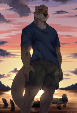 anthro asphyxiation athletic black_bottomwear black_clothing black_pants blood blood_on_face blood_on_fur blood_on_hand blue_clothing blue_shirt blue_topwear bodily_fluids bottomwear brown_body brown_fur brown_hair claws clothing cloud cloudy_sky corpse dirty dirty_clothing drowning duo facial_hair feet fur glowing glowing_eyes goatee grey_body grey_skin hair hill humanoid_feet lake long_tail male multicolored_body multicolored_fur orange_eyes pants partially_submerged plantigrade scratches shirt shorts sky standing sunset tail tan_body tan_clothing tan_fur tan_shirt tan_topwear thick_tail topwear wet wet_clothing purtropos echo_(game) echo_(series) echo_project chase_hunter flynn_moore gila_monster helodermatid lizard mammal mustelid otter reptile scalie hi_res signature