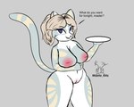 anthro areola big_breasts breasts female fur genitals hair holding_object holding_plate inverted_nipples looking_at_viewer nipples nude pink_areola pink_nipples pink_pussy plate pussy simple_background solo standing text mzzrlaraz domestic_cat felid feline felis mammal sabrina_(disambiguation) 5:4 absurd_res digital_media_(artwork) hi_res