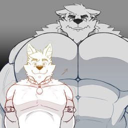 abs anthro arm_belt biceps big_muscles big_pecs collar growth male muscle_growth muscular muscular_male pecs smile solo randomheck randomrusso bongo_(yongdasom) canid canine canis mammal wolf 1:1 compression_artifacts hi_res watermark