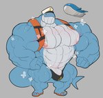abs absurd_res anchor_symbol anthro anthrofied areola barely_contained big_bulge big_deltoids big_muscles big_pecs big_tail blue_body blush bodily_fluids bulge cetacean clothing countershading deltoids dumbandgreen footwear generation_3_pokemon hi_res huge_deltoids huge_muscles huge_pecs huge_trapezium hyper hyper_muscles life_jacket male mammal manly marine musclegut muscular muscular_anthro muscular_arms muscular_male muscular_thighs nintendo nipples orange_clothing pecs pink_nipples pokemon pokemon_(species) pokemorph sailor_hat sandals slightly_chubby solo steam_clouds sweat tail wailord white_body white_countershading