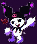 anthro bone dot_eyes eyelashes female fur gesture hand_gesture hood looking_at_viewer middle_finger monotone_body monotone_fur open_mouth profanity skull smile solo teeth white_body white_fur diego_mejia onegai_my_melody sanrio kuromi demon lagomorph leporid mammal rabbit