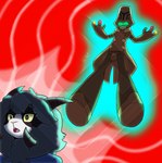 abstract_background alien alien_humanoid anthro beheeyem clothed clothing codpiece diamond_grenadier dubwool duo female floating generation_5_pokemon generation_8_pokemon glowing glowing_eyes grey_hair hair hi_res horn humanoid imminent_sex male nintendo pokemon pokemon_(species) surprised_expression