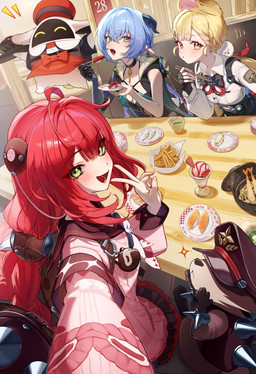 accessory animal_ears arms_bent black_choker black_jewelry black_necklace blonde_hair blue_hair blush bow_(feature) breasts choker cleavage clothed clothing collared_shirt dessert dress_shirt female female_humanoid food food_on_mouth fries gesture green_eyes hair hair_accessory hair_between_eyes hand_gesture hat headgear headwear heterochromia horn ice_cream jewelry long_hair looking_at_viewer medium_breasts narrowed_eyes necklace open_mouth pink_clothing pink_sweater pink_topwear pointy_ears prick_ears red_hair selfie shirt short_hair sitting sparkles sushi sweater topwear white_dress_shirt yellow_eyes k_imsk mihoyo zenless_zone_zero alice_thymefield kamanosuke_(zzz) lucia_elowen ukinami_yuzuha animal_humanoid bangboo bovid bovid_humanoid caprine caprine_humanoid goat_humanoid human humanoid lagomorph lagomorph_humanoid leporid_humanoid mammal mammal_humanoid rabbit_humanoid thiren absurd_res hi_res