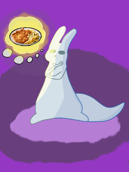 ears_up food gesture hand_gesture hungry light male solo tail thinking thought_bubble white_body cametek rain_world videocult survivor_(rain_world) slugcat absurd_res hi_res