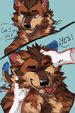 anthro asking blue_eyes brown_body brown_fur dialogue disembodied_hand eyes_closed fur male petting simple_background solo tail tail_motion tailwag text tongue tongue_out two_panel_image excaliburwolf matt_(nysepho) hyena mammal striped_hyena 2:3 artist_name comic english_text hi_res