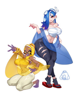 barefoot big_breasts blue_hair bottomwear bracelet breasts chest_wraps clothing collarbone dark_body dark_skin duo ear_piercing eyebrows eyelashes feet female flip_flops footwear hair jewelry kneeling midriff navel open_mouth pants piercing pseudo_hair red_eyes sandals shoes socks socks_with_sandals tentacle_hair tentacles thick_thighs wide_hips wraps yellow_eyes little1234blood nintendo splatoon frye_(splatoon) shiver_(splatoon) animal_humanoid aquatic cephalopod humanoid inkling mollusk mollusk_humanoid octarian octoling 2025