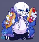 bone food food_fetish glowing hot_dog male not_furry simple_background skeleton slightly_chubby solo suggestive suggestive_food nerfocalypse undertale undertale_(series) sans_(undertale) animated_skeleton humanoid undead