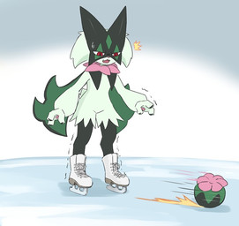 ambiguous_gender anthro bodily_fluids claws clothing fangs featureless_crotch flat_chested footwear footwear_only fur green_body green_fur green_hair hair ice ice_skates mostly_nude motion_lines open_mouth pawpads red_eyes shaking shoes shoes_only solo sweat tail teeth tongue trembling ylit nintendo pokemon felid feline generation_9_pokemon mammal meowscarada pokemon_(species) 2026