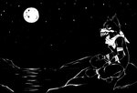 anthro arm_wraps black_body black_fur crossed_legs fangs fur hand_wraps male moon scarf sea simple_background sitting sky solo star starry_sky teeth water wraps macmegagerc mac_(macmegagerc) canid canine fox mammal black_and_white monochrome