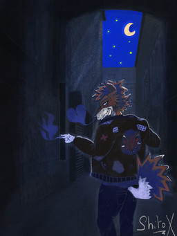 alley alternative_fashion anthro cigarette cigarette_smoke clothing jacket leather leather_clothing leather_jacket leather_topwear looking_at_viewer looking_back looking_pleasured male night punk smoke smoke_from_nose smoking smoking_cigarette solo topwear torn_clothing shitox canid canine fox mammal red_fox true_fox 3:4 hi_res