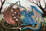 cherry_blossom crouching duo feral flower grass looking_at_viewer outside plant prunus_(flower) smile tree wings kira_larsson european_mythology mythology bat dragon hybrid mammal mythological_creature mythological_scalie scalie western_dragon wyvern