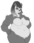 anthro belly biceps big_belly big_breasts black_body black_fur black_hair black_nose breasts claws dreadlocks ear_piercing ear_ring featureless_breasts featureless_crotch female fur hair hand_on_breast hand_on_hip navel nude overweight overweight_anthro piercing ring_piercing simple_background slightly_chubby slightly_chubby_female solo thick_thighs white_body white_fur hanaarts bear giant_panda mammal digital_media_(artwork) hi_res monochrome