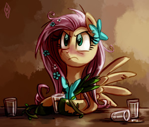 alcohol beverage blush clothed clothing drunk eyelashes feathered_wings feathers female feral frown hair hooves pink_hair pupils solo substance_intoxication wings yellow_body whitediamonds friendship_is_magic hasbro my_little_pony mythology fluttershy_(mlp) equid equine mammal mythological_creature mythological_equine pegasus 2012