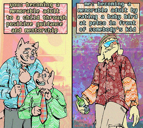 accessory alcohol aloha_shirt anthro beer beer_bottle beverage bottle bottomwear cargo_pants cigarette cigarette_in_mouth clothing container eyewear floppy_ears fur group hat headgear headwear male necktie object_in_mouth open_mouth open_smile pants pattern_clothing pattern_shirt pattern_topwear shirt simple_background smile smoking_tobacco sunglasses tan_body tan_fur text topwear trio rawdawgcomics stahli_(rawdawgcomics) bird_dog canid canine canis domestic_dog golden_retriever hunting_dog mammal retriever comic english_text hi_res