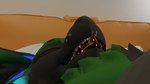 16:9 3d_(artwork) 4k absurd_res almost_fully_inside anthro anthro_pred bedroom black_body black_fur bypixel25 deuzear digital_media_(artwork) duo fur green_markings hi_res in_mouth jetface5000 male male/male mantled_beast markings oral_vore partially_inside pixel_(bypixel25) sleeping soft_vore tongue unaware vore widescreen zach_(jetface5000)