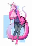 absurd_res anthro big_breasts breasts clothing dragon feathered_wings feathers female hair hi_res horn lumi_(senpaiithon) mythological_creature mythological_scalie mythology pink_body reptile scalie simple_background solo sovesute tail wings