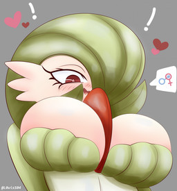 big_breasts blush breast_focus breasts exclamation_point female female_symbol gender_symbol green_hair grey_background hair heart_symbol inviting looking_at_viewer looking_down low-angle_view male_symbol medium_hair open_mouth open_smile red_eyes simple_background smile solo speech_bubble symbol text white_body louiss. nintendo pokemon gardevoir generation_3_pokemon humanoid pokemon_(species) 2025 artist_name colored hi_res shaded