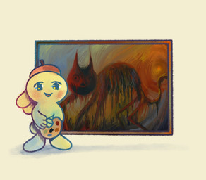 ambiguous_gender anthro beret big_feet blush chibi clothing creepy creepy_cute ears_down feet hat headgear headwear horror_(theme) open_mouth open_smile painting_(object) picture_frame pivoted_ears rabbit_ears scut_tail short_tail smile solo standing superflat tail plastiboo felid feline lagomorph leporid mammal monster rabbit digital_media_(artwork) digital_painting_(artwork) full-length_portrait hi_res painting_(artwork) portrait