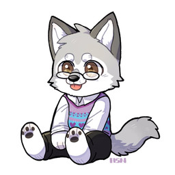 anthro black_bottomwear black_clothing black_pants black_pawpads blep blue_clothing blue_topwear bottomwear brown_eyes cheek_tuft chibi clothed clothing eyewear facial_tuft front_view fur glasses glistening glistening_eyes grey_body grey_fur grey_tail head_tuft male pants pawpads pink_tongue purple_clothing purple_topwear round_glasses simple_background sitting solo sweater sweater_vest tail tongue tongue_out topwear tuft vest white_background white_clothing white_topwear asnnonaka canid canine canis mammal wolf 1:1 full-length_portrait portrait signature