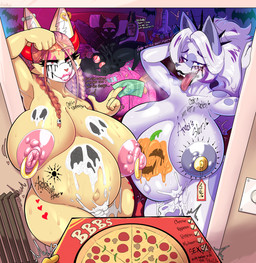 alcohol alcohol_bottle anthro areola beverage beverage_bottle big_breasts bodily_fluids body_writing bodypaint bottle box breasts clothing container costume cum cum_inflation cum_inside cumflated_belly delivery_(commerce) dildo exhibitionism female first_person_view food food_delivery genital_fluids grey_areola grey_nipples group halloween_costume halloween_decoration halloween_party holidays huge_breasts hyper hyper_breasts inflation lipstick makeup male male/female mascara nipples pink_areola pink_nipples pizza pizza_box pizza_delivery plug_(sex_toy) pregnant running_makeup running_mascara sex_toy smudged_body_writing smudged_eyeliner smudged_makeup trio blackarabi halloween arabi_(blackarabi) fan_character foxxy_(lemonvodka) canid canine canis domestic_cat domestic_dog felid feline felis mammal wolf absurd_res hi_res