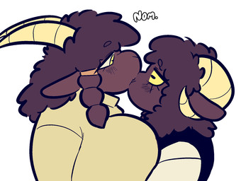 anthro big_breasts black_body black_fur black_skin black_wool blush blush_lines braided_hair breast_squish breasts clothing duo eyelashes female female/female fur hair horizontal_pupils horn huge_breasts nom pupils simple_background squish text topwear white_background wool_(fur) yellow_clothing yellow_eyes yellow_sclera yellow_topwear astonarts jamu_(astonarts) pam_(astonarts) bovid caprine mammal sheep 2026 hi_res