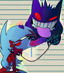 ambiguous_gender annoyed anthro bdsm collar duo fellatio male oral penile petplay roleplay sex teasing text c-jay nintendo pokemon generation_1_pokemon generation_7_pokemon gengar lycanroc pokemon_(species)