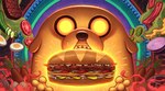 bacon beef bone bread carrot cucumber detailed_food egg_(food) food fruit glowing looking_at_viewer male meat onion pickle_(food) plant sandwich_(food) smoke solo tomato vegetable yellow_body tubslab adventure_time cartoon_network jake_the_dog canid canine canis domestic_dog mammal detailed