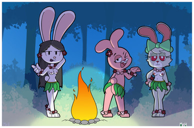 anthro border breasts butt female flower_accessory genitals grass_skirt group leaf_skirt markings nipples nude tribal tribal_markings trio vulva white_border mr_harinezumi cartoon_network elinor_wonders_why murphy_and_mitzi pbs the_amazing_world_of_gumball anais_watterson bunny_(ajmarekart) elinor_rabbit absurd_res hi_res