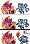 1_eye annoyed anthro biped blue_body blue_tail_tip bodily_fluids bow_ribbon bracelet burning cheek_tuft chest_tuft clothing crop_top dipstick_tail duo eyelashes facial_tuft female femboy flaming fur gameplay_mechanics head_tuft inner_ear_fluff jewelry magnet magnetism male markings neck_tuft poking purple_body purple_fur screw shirt simple_background sweat sweatdrop tail tail_markings topwear tuft white_arms white_background white_body white_fur x_eye kaylemeart nintendo pokemon maggie-mite_(girda_skunk) nino_(nin10dope) braixen canid canine fennec_fox fox generation_1_pokemon generation_6_pokemon magnemite mammal pokemon_(species) robot_anthro shiny_pokemon true_fox hi_res multiple_scenes