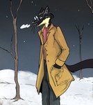 anthro black_body black_fur black_nose black_tail bottomwear cheek_tuft clothing coat cold dead_tree eyewear facial_tuft fur glasses hand_in_pocket inner_ear_fluff long_coat long_tail looking_forward male multicolored_body multicolored_fur night open_mouth outside pants pince-nez plant pockets snow solo standing steamy_breath sweater tail topwear tree trenchcoat tuft two_tone_body two_tone_fur waiting whiskers white_body white_fur winter illegaleel jack_salem gulonine mammal marten mustelid musteline sable_(marten) hi_res