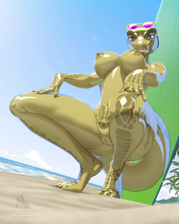 anthro areola beach big_breasts blue_eyes breasts crouching day eyewear eyewear_on_head feet female genitals glistening glistening_areola glistening_arms glistening_body glistening_breasts glistening_face glistening_feet glistening_legs glistening_scales glistening_skin glistening_tail looking_at_viewer looking_down nipples non-mammal_breasts non-mammal_nipples nude outside sand scales sea seaside smile solo spread_legs spreading sunglasses sunglasses_on_head tail thick_thighs vulva water wide_hips archshen microsoft the_elder_scrolls sheev_(archshen) argonian scalie 2d_animation 4:5 animated hi_res motion_tweening no_sound short_playtime webm