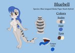 3_toes 5_fingers anthro blue_hair blue_tongue brown_eyes curvy_figure feet female fingers hair markings sharp_teeth solo striped_markings stripes teeth text toes tongue yellow_sclera kendratheshinyeevee bluebell_(kendraeevee) fan_character blue-tongued_skink fish hybrid lizard marine reptile scalie shark skink english_text hi_res model_sheet