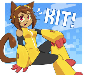 4_fingers anthro bare_shoulders blue_background bodysuit brown_body brown_fur clothing cybernetics eyelashes female female_anthro fingers fur machine mascot mechanical_arm open_mouth oversized_hands red_eyes robot_arm simple_background sitting skinsuit smile solo stylized tail text tight_clothing whiskers yellow_clothing obedientmirelle gameoverse glitch_productions kit_bodega cyborg domestic_cat felid feline felis mammal digital_media_(artwork) hi_res