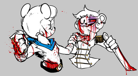 anthro armwear bandage belt belt_buckle blood blood_on_clothing blood_on_face blood_on_hand bodily_fluids brass_knuckles bruised bruised_eye buckle cleaver_(knife) clothing cutlery duo ear_piercing elbow_gloves eye_contact female fight gloves gore hand_holding handwear holding_clothing holding_object holding_weapon kerchief kitchen_knife kitchen_utensils knife looking_at_another looking_at_partner melee_weapon nosebleed piercing sharp_teeth smile solo teeth tools torn_clothing uniform weapon wounded mcsweezy jocelyn_(mcsweezy) bear mammal digital_drawing_(artwork) digital_media_(artwork) hi_res